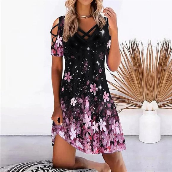Duefe Trendy Short Sleeve Print Mini Dress - Picture 1 of 3